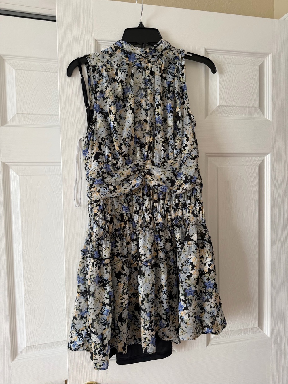 Lulu's Blue, Cream and Black Floral Tie-Back Mini Dress